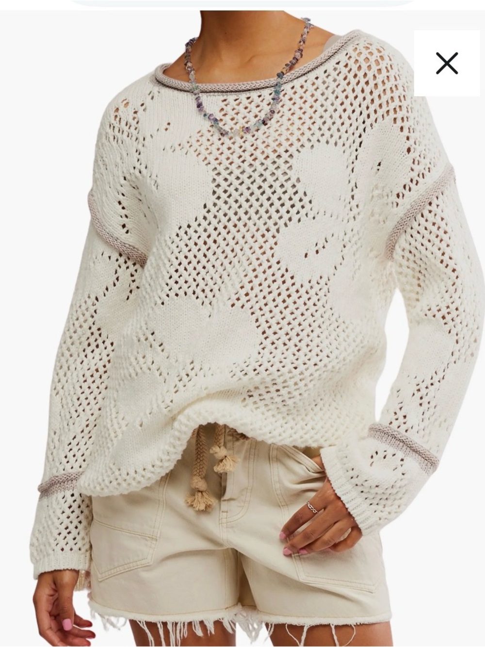 Free People Cream Open-Knit Scoop Neck Sweater with Contrast Trim - Picture 2 of 5